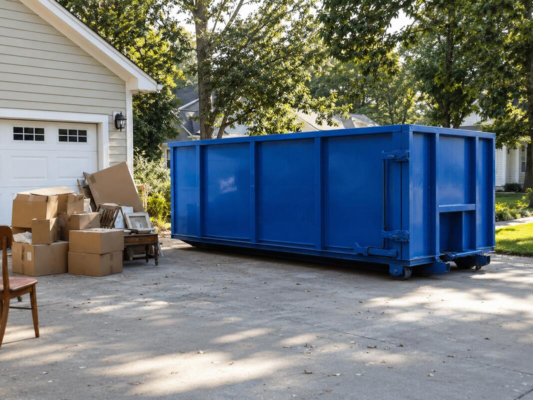 Dumpster rental for home cleanout in Boone NC - blue dumpster with boxes and furniture