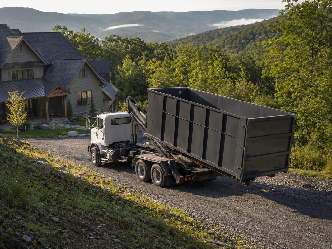 Roll-off dumpster delivery truck in Boone NC mountain setting